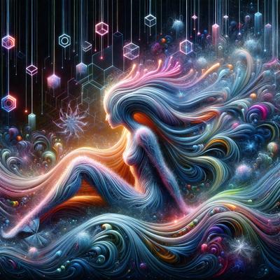 The primary subject of the image is a woman, who is the main focus of the scene. She is sitting on a bed, surrounded by a colorful and vibrant environment. The setting includes a bed with a colorful blanket, and the woman is positioned in the center of the image. The visual style of the image is digital art, with a vivid and lively atmosphere. The colors and mood of the image are predominantly bright and cheerful, with a sense of energy and creativity.